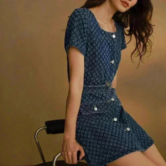 Blue Women's Flap Detail Buckle Belted Swiss Dot Denim Dress - Picture 1 of 8